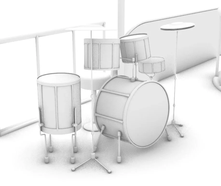 Clay render of the drum kit on the upper deck