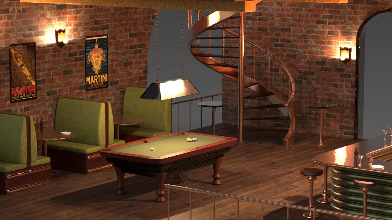 Render of the booths, pool table, and spiral staircase