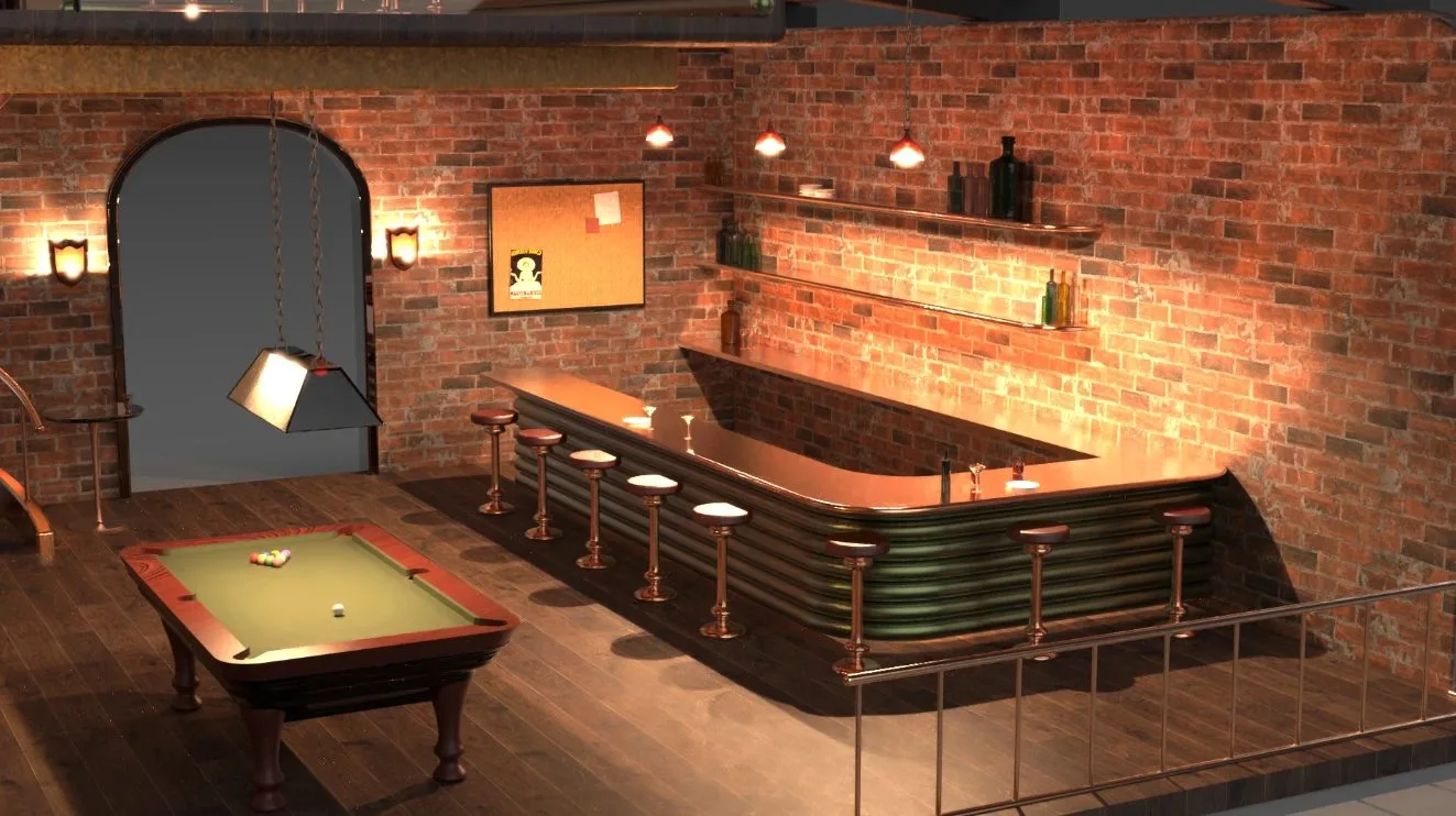 Render of the bar counter and back shelves