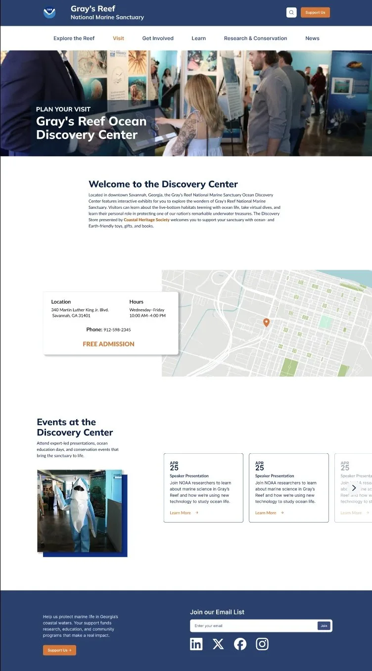 Final Ocean Discovery Center page with location, hours, and map
