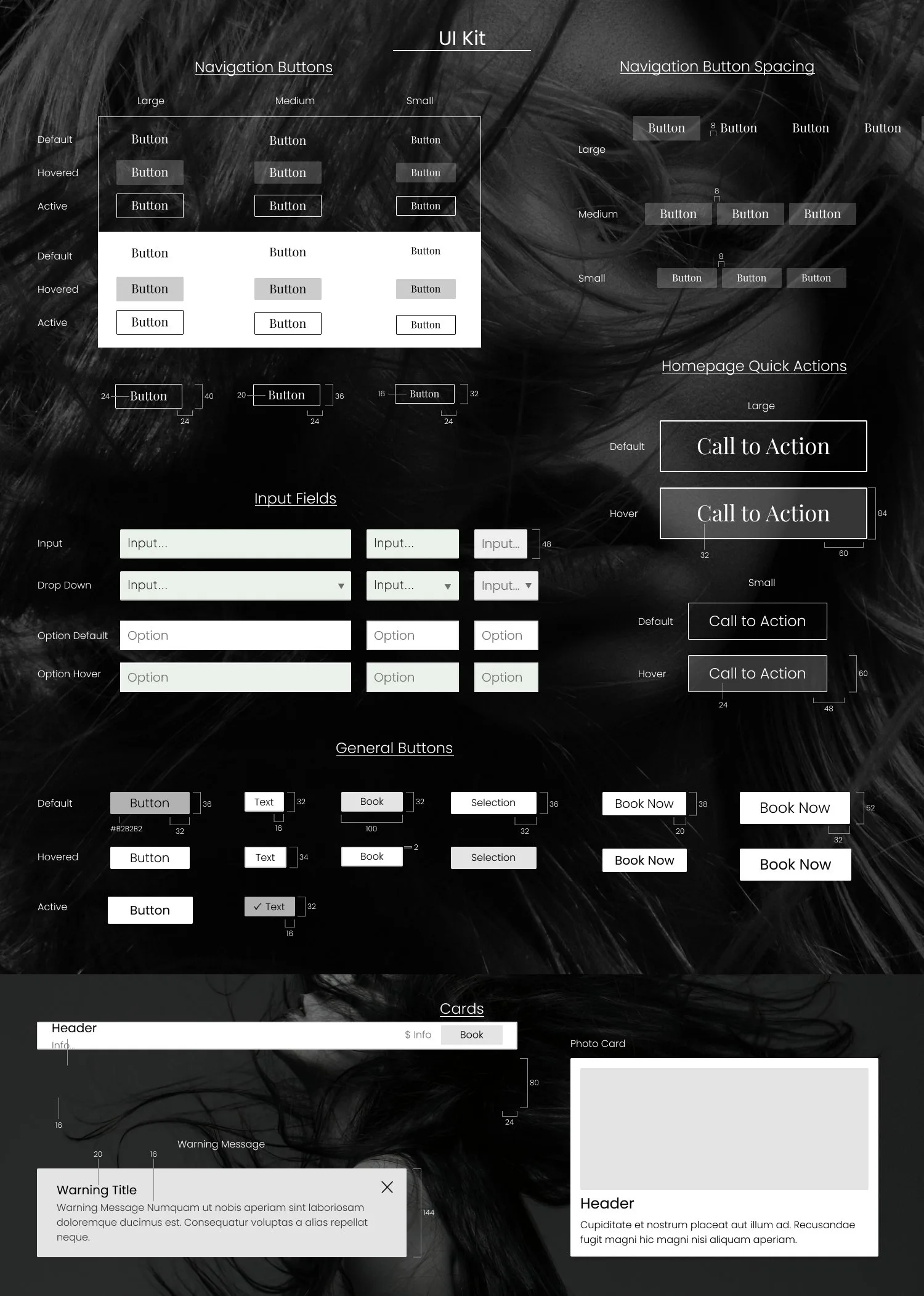 Mérite UI kit: navigation buttons, quick actions, input fields, general buttons, and cards