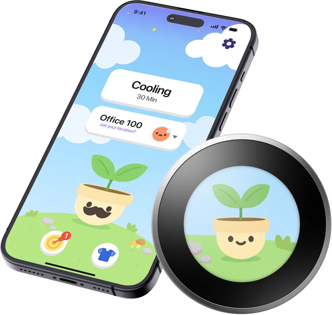 Sprout for Nest phone app showing a plant character next to the round wall thermostat