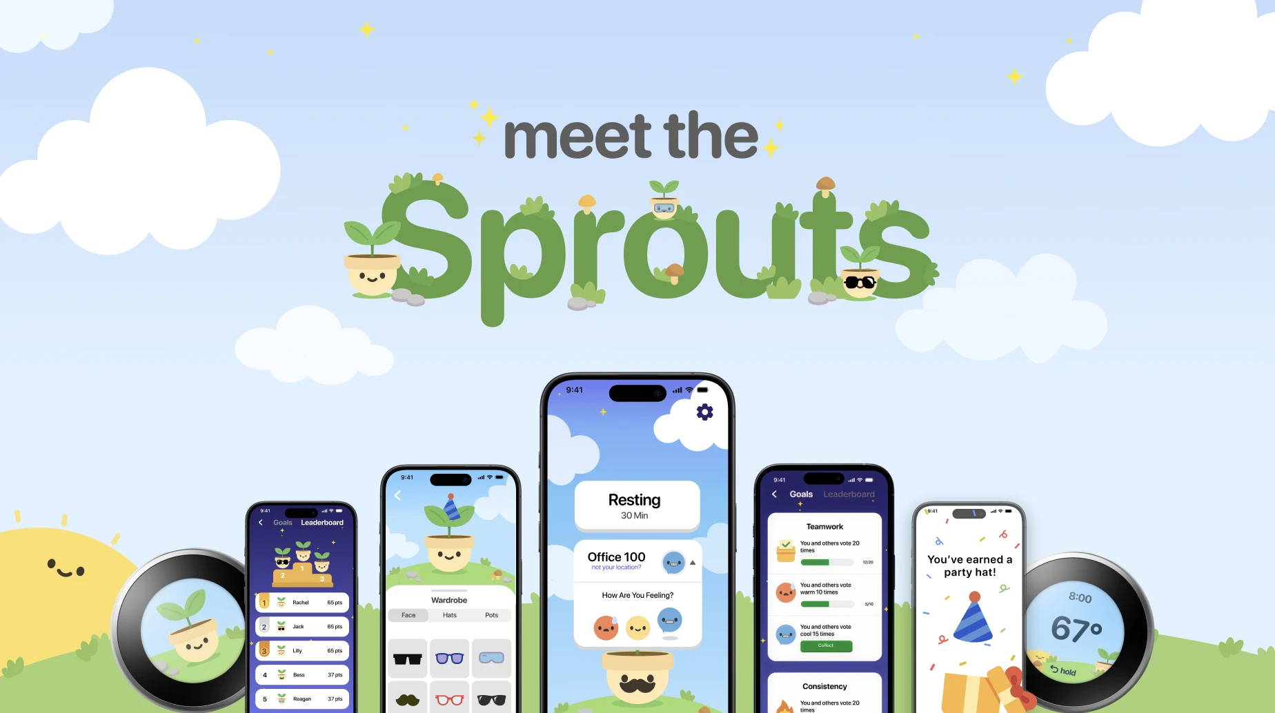 Meet the Sprouts cover showing the app screens and two wall thermostats