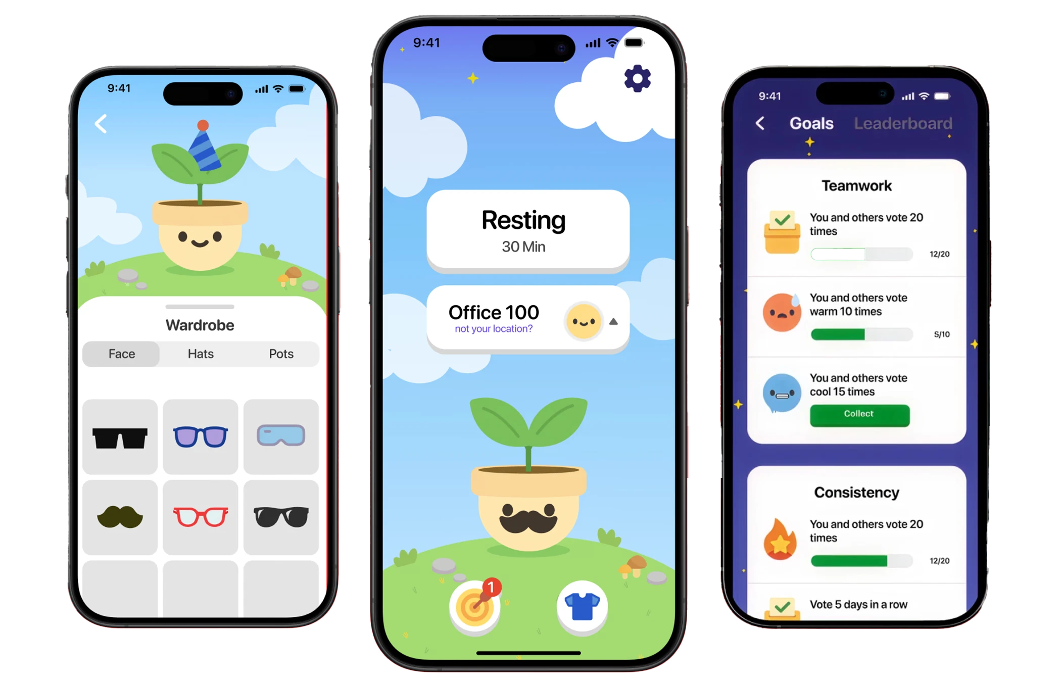 Three Sprout app screens: the plant wardrobe, the home screen with the plant character, and the goals list