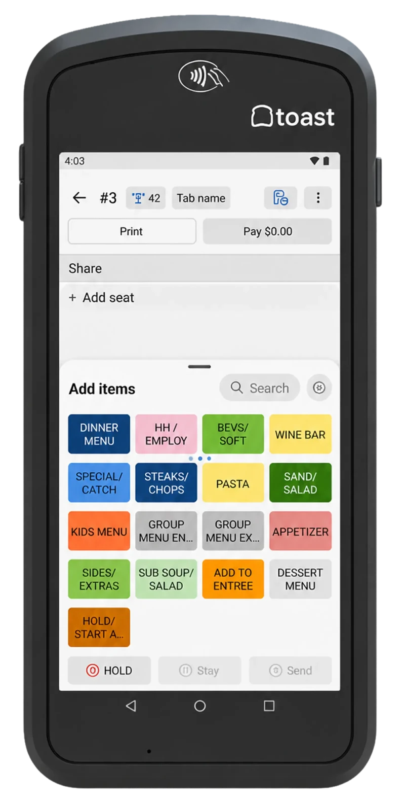 The current Toast handheld order screen with a wall of color-coded menu buttons