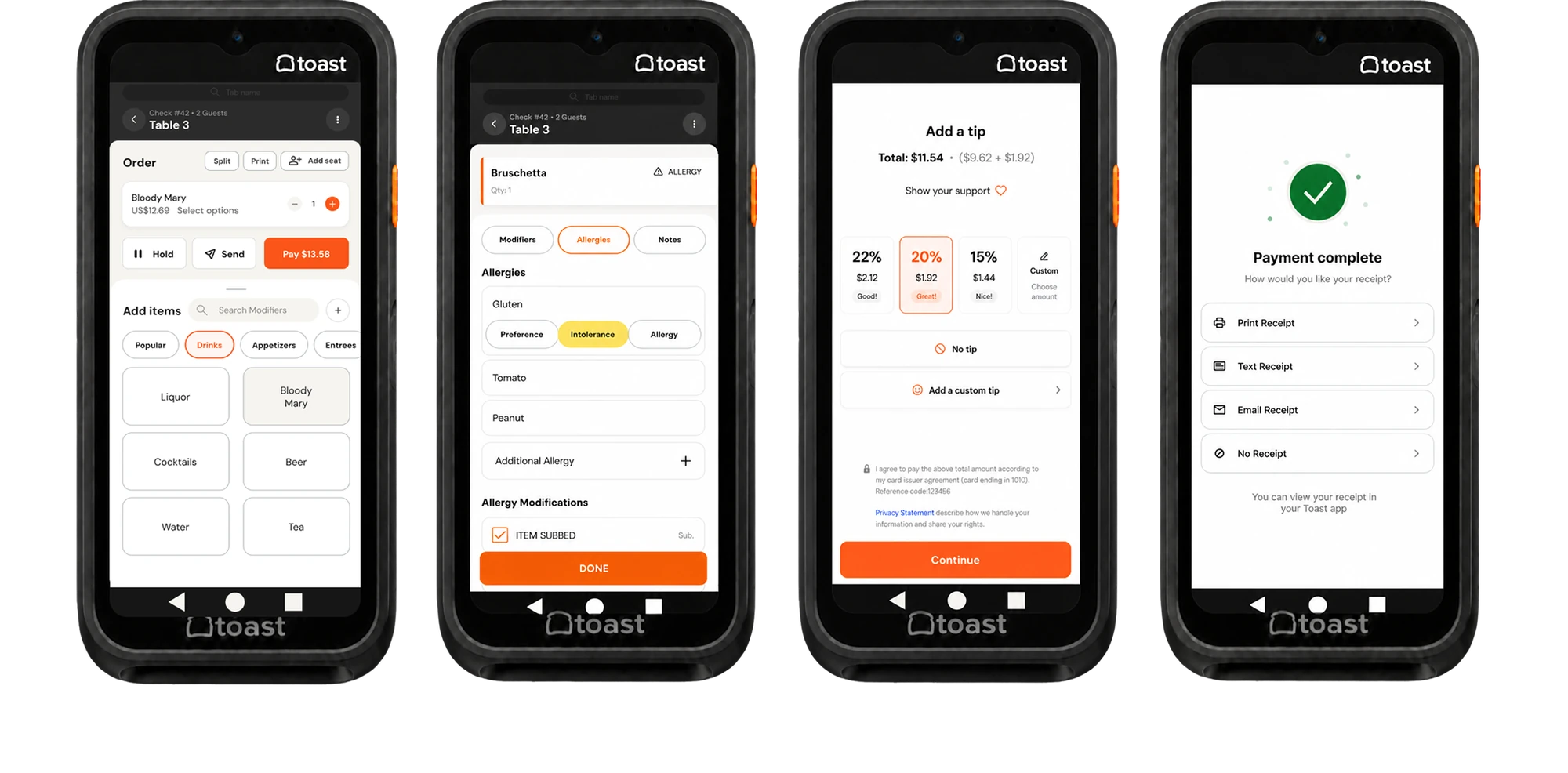 Redesigned Toast handheld screens: order, allergy, tip selection, and payment complete