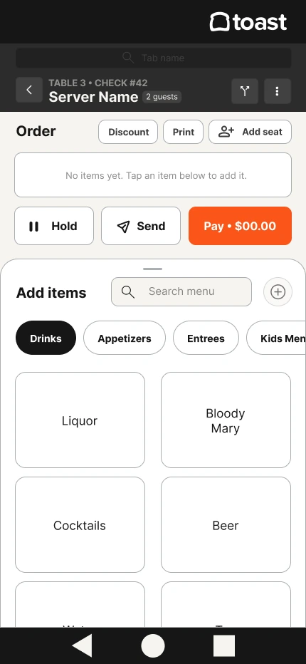First iteration order view with search, category chips, and large item buttons