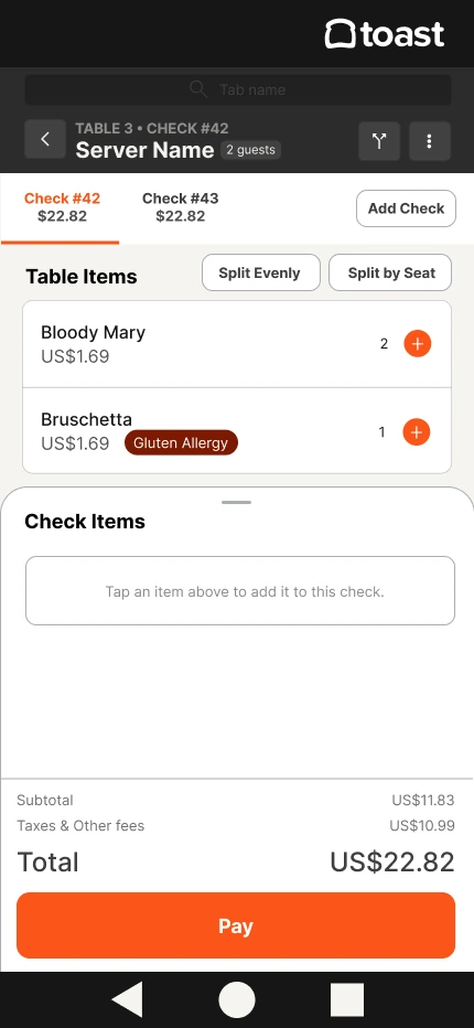 First iteration split check screen with table items and check items