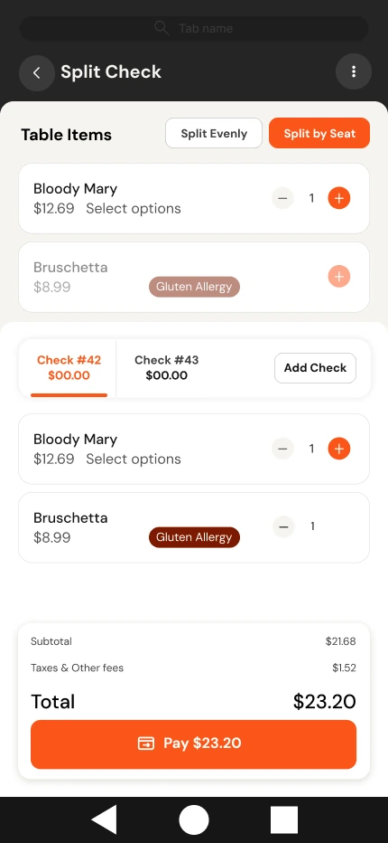 Redesigned split check screen with tabs for each check, items assigned to Check #42, and a single pay button