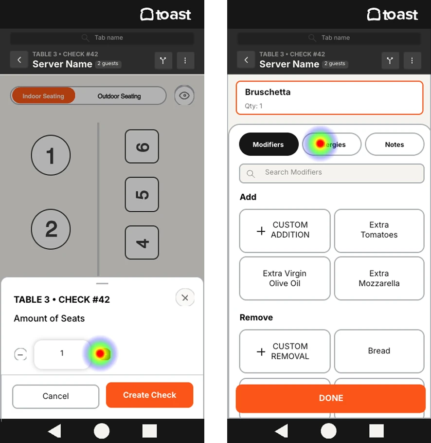 Task 1 prototype screens with a tap heat map