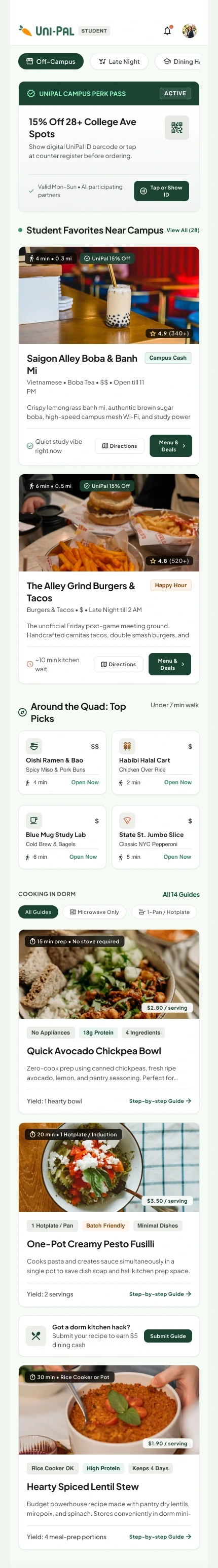 Uni-Pal dining screen showing campus perk pass, nearby student favorites, top picks, and dorm cooking guides